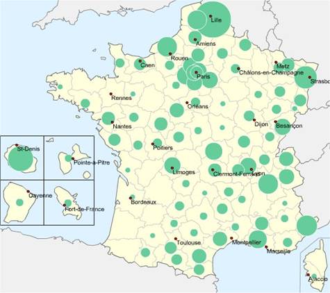 Répartition géographique des TBI en mars 2005